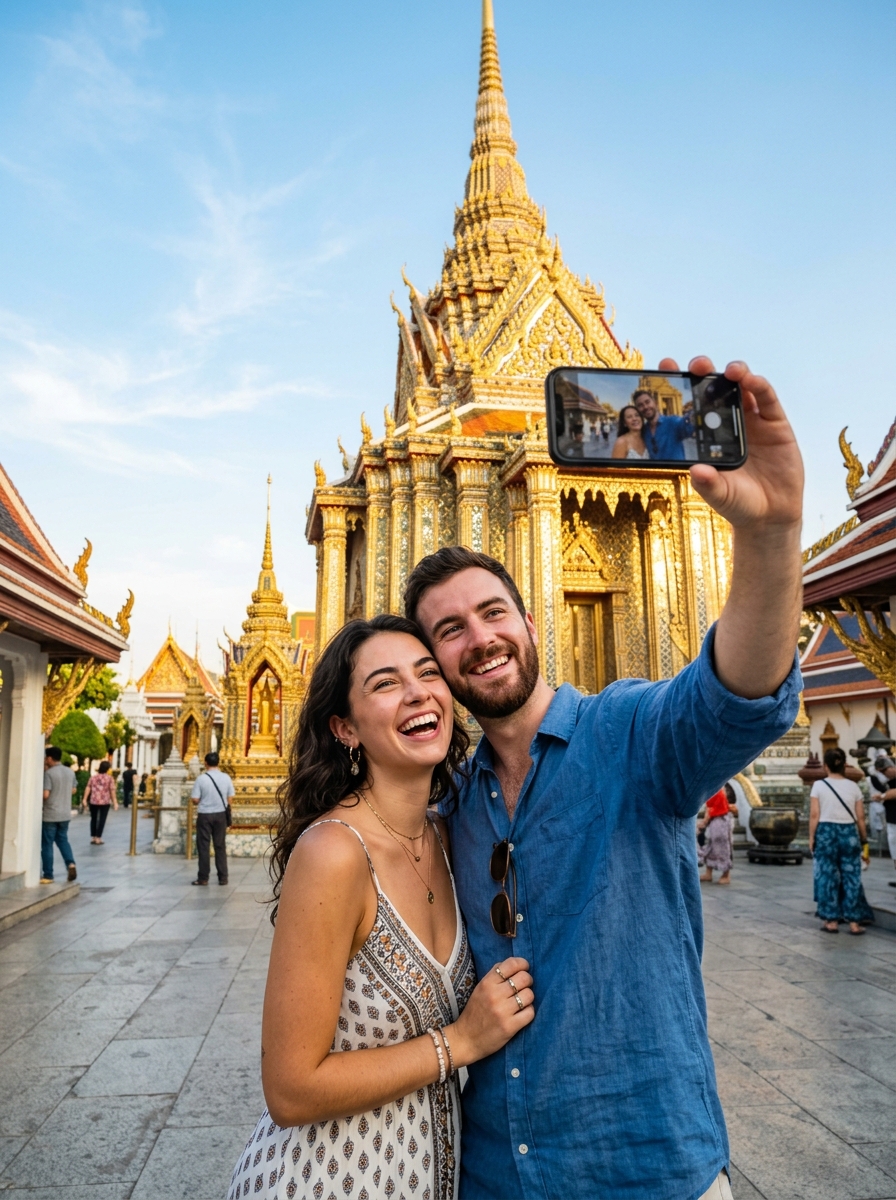 Tourists taking selfie at Bangkok Temple