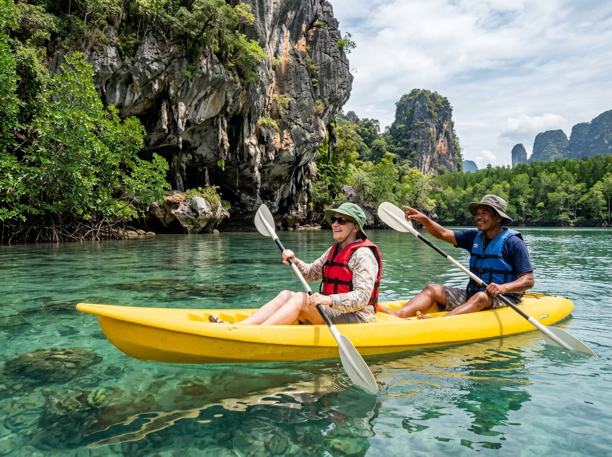 Kayakers with expert guide in Phang Nga