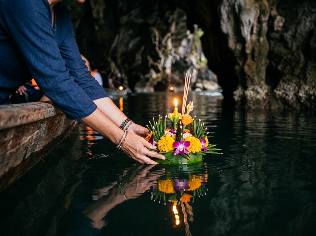 Traditional floating Krathong candle ritual