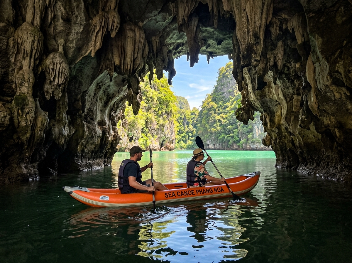 Sea canoe entering low limestone sea cave