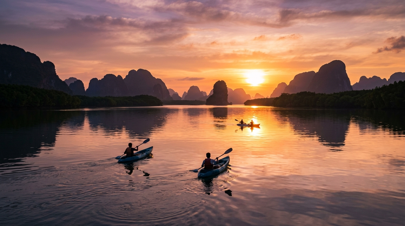 Golden sunset over limestone islands
